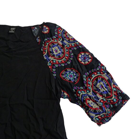 Emery Rose Black Tunic Top Women Size XL Colorful Printed Short Sleeves Boho - Picture 2 of 8